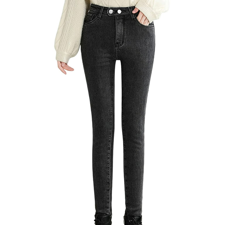 Suanret Women Winter Warm Fleece Lined Thick Jeans Plus Size High