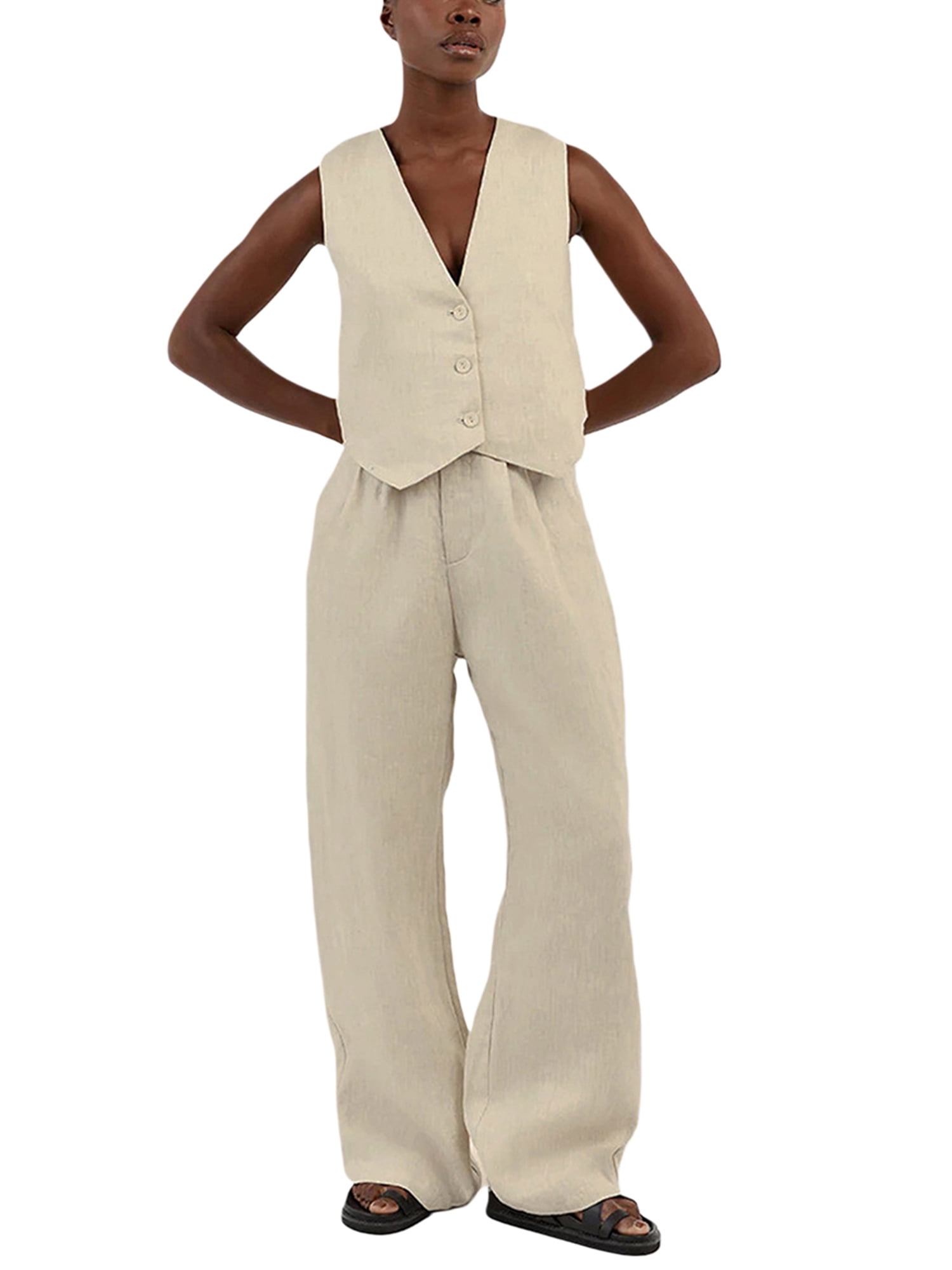 Suanret Women's Summer Cotton Linen Outfits V-Neck Button