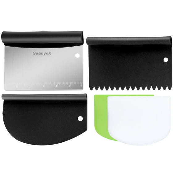 Suanyok Bench Scraper Food Vegetable Chopper,Stainless Steel Pizza Dough Scraper-Flexible Plastic Bowl/Cake Scraper 5-Piece Set,Bread/Pastry/Pizza/Flour/Cheese Cutter,Black