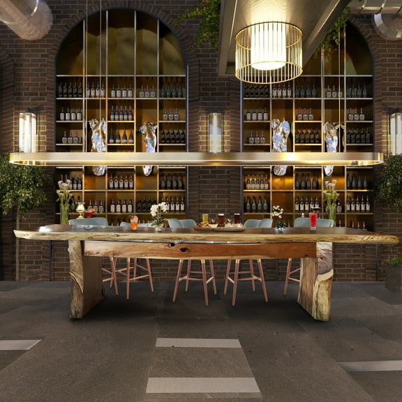 Suar Live Edge Slab Freestanding Bar with Shelf, 118 Inch