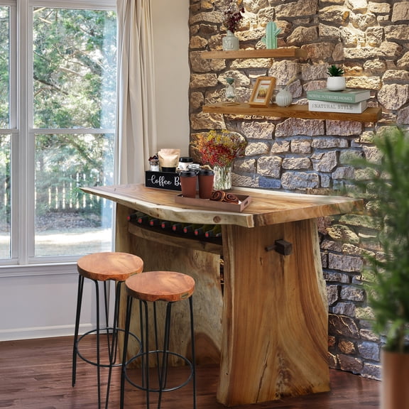 Suar Live Edge Slab Freestanding Bar with Shelf, 59 Inch