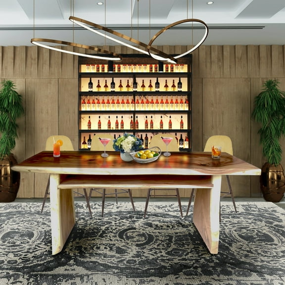 Suar Live Edge Slab Freestanding Bar with Shelf, 98 Inch