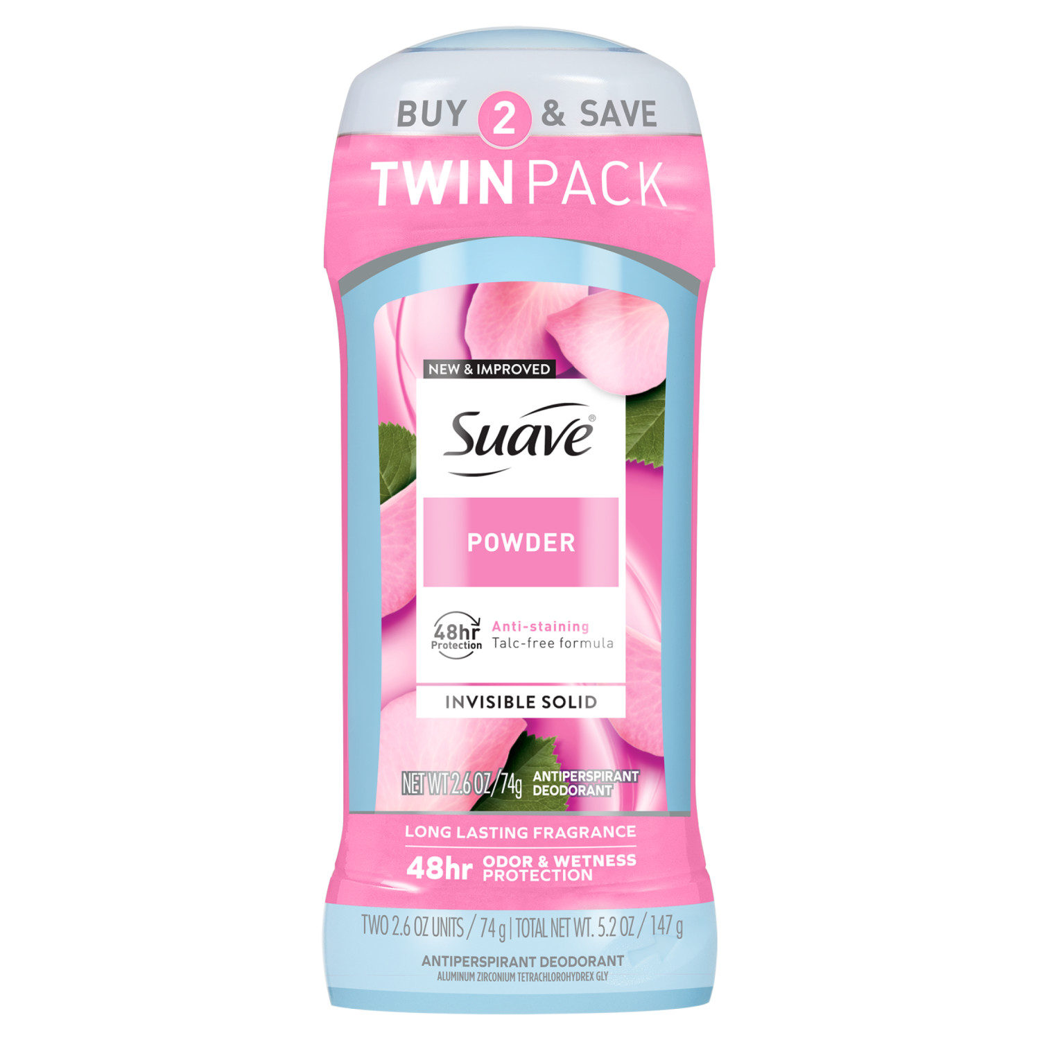 Suave Antitranspirante y Desodorante para Mujer, Protección de 48 Horas, Powder, 2.6 oz, Paquete Doble