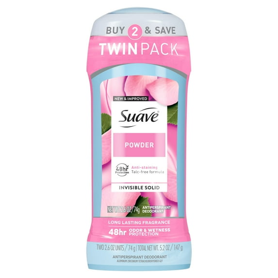 Suave Antiperspirant Deodorant For Women, 48hr Protection, Powder, 2.6 oz, Twin Pack