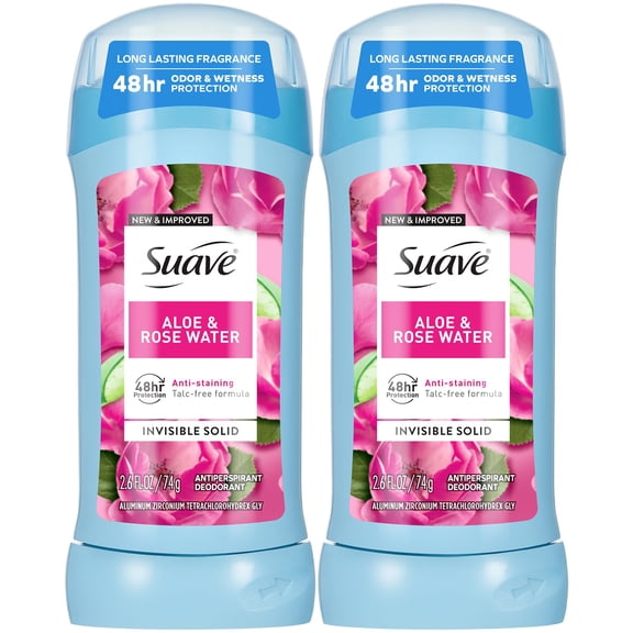 Suave Antiperspirant Deodorant for Women, Aloe & Rosewater 2-Pack Anti-Staining Invisible Solid, Talc-Free, 2.6 Oz Ea