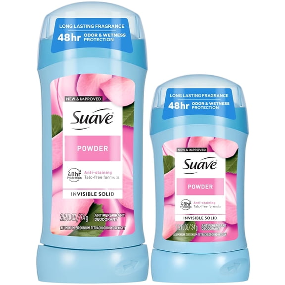 Suave Antiperspirant Deodorant for Women, Powder 2-Size Variety Pack Anti-Staining Invisible Solid, Talc-Free (2 Piece Set)