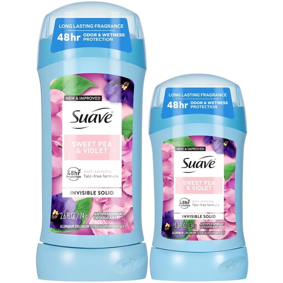 Suave Antiperspirant Deodorant for Women, Sweet Pea & Violet 2-Size Variety Pack Anti-Staining Invisible Solid, Talc-Free (2 Piece Set)