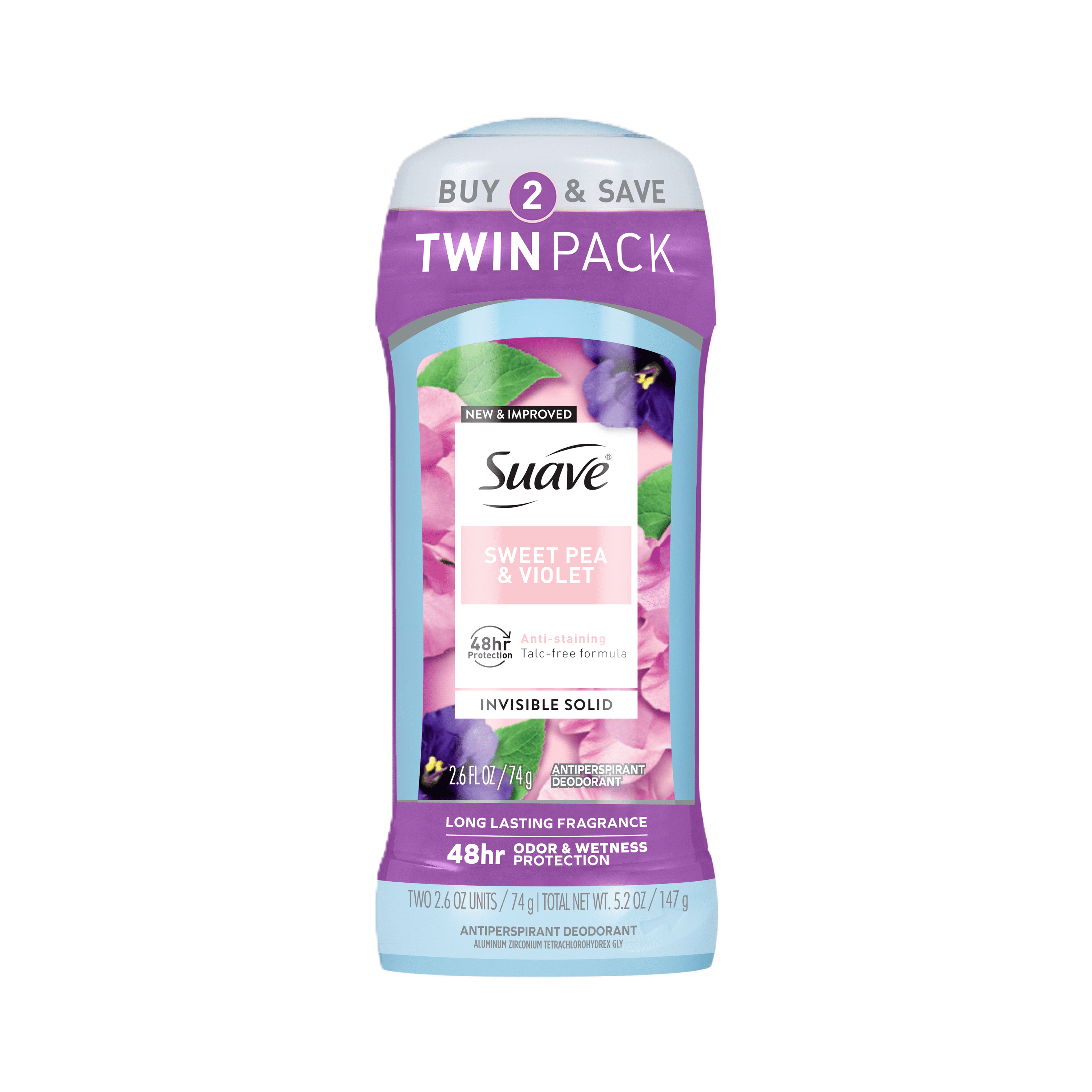 Suave Antiperspirant Female Deodorant, 48hr Protection Sweet Pea & Violet, 2.6 oz, 2 Pk