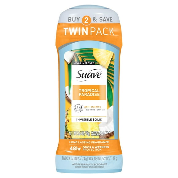 Suave Antiperspirant Female Deodorant, 48hr Protection, Tropical Paradise, 2.6 oz, 2 Pack
