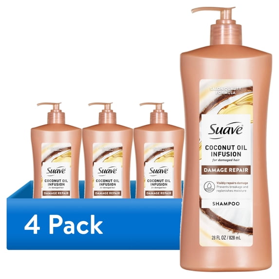(4 pack) Suave Coconut Oil Infusion Shampoo for Damaged Hair, 28 FL OZ Pump