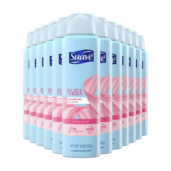 Suave Dry Spray Antiperspirant Deodorant For Quick And Easy Sweat Protection Powder Fresh 48 Hour Protection 3.8 Oz, 12 Count.