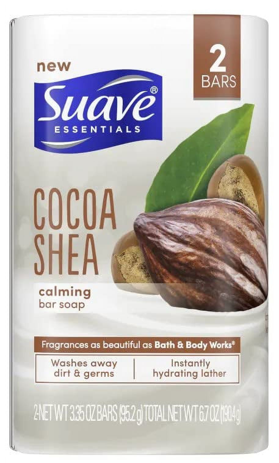 Suave Essentials Cocoa Shea Calming Bar Soap, 2 count bars, (3 pack