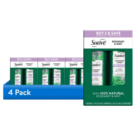 (4 pack) Suave Invigorating Shampoo & Conditioner Set With Rosemary & Mint, Twin Pack, 15 FL OZ