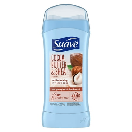 Suave Invisible Solid Antiperspirant Deodorant, Cocoa Shea Butter, Unisex, 2.6 oz
