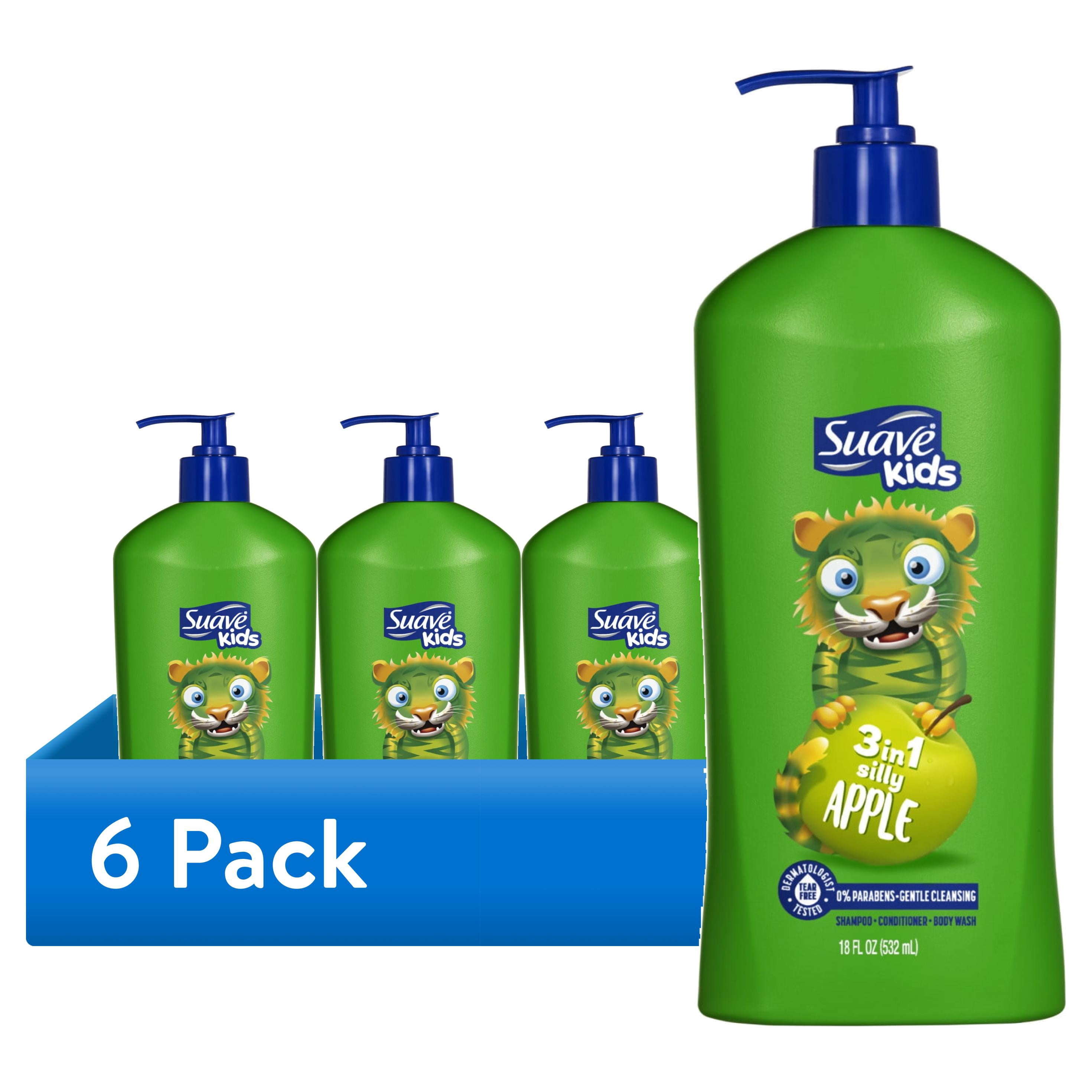 (6 pack) Suave Kids 3 in 1 Silly Apple Shampoo, Conditioner & Body Wash, 18 FL OZ Pump