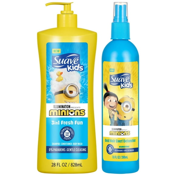 Suave Kids Minions 3-in-1 Shampoo Conditioner & Body Wash, Hair Detangler Spray & Slime Body Wash Set
