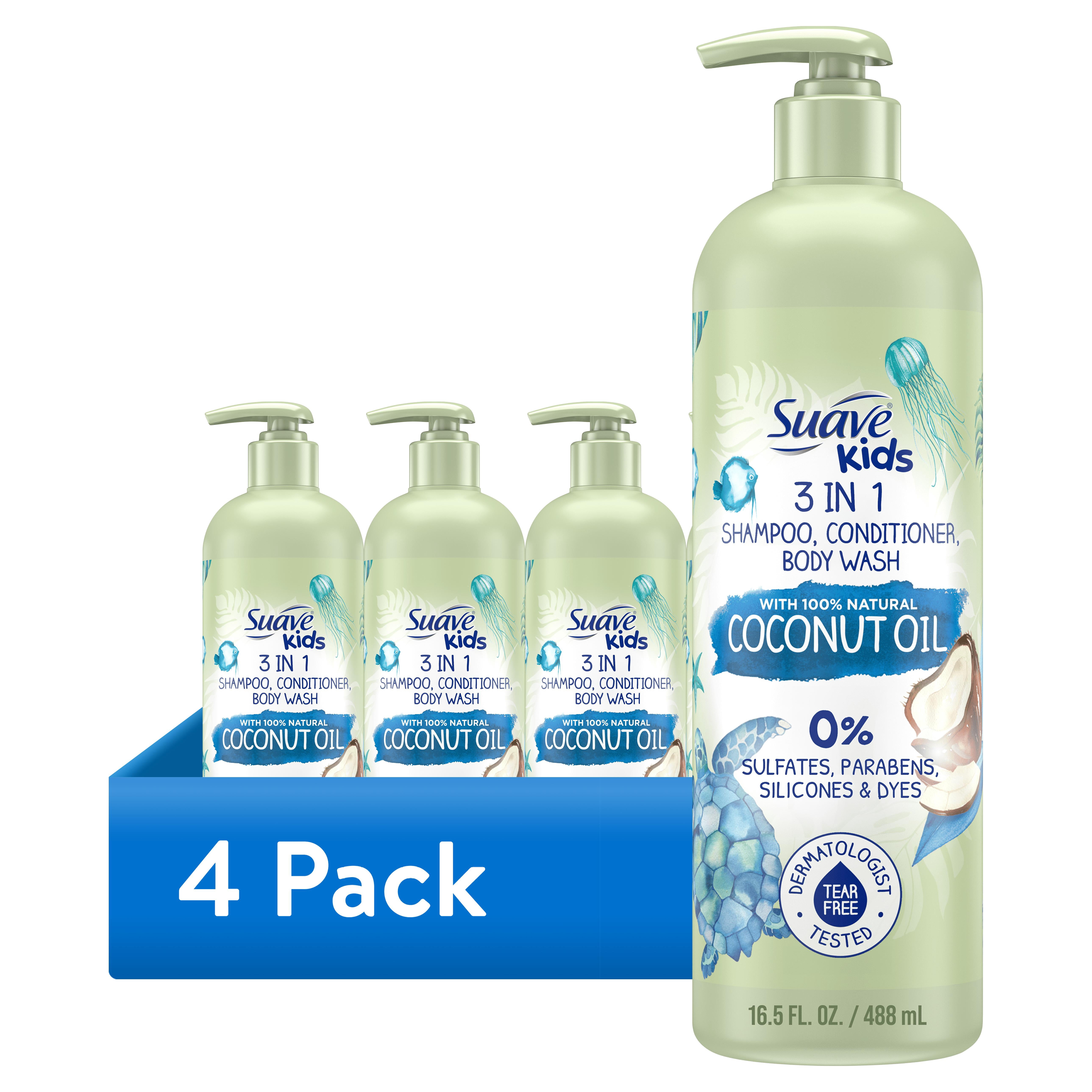 (4 pack) Suave Kids Naturals 3-in-1 Shampoo Conditioner & Body Wash with Coconut Oil, 16.5 fl oz