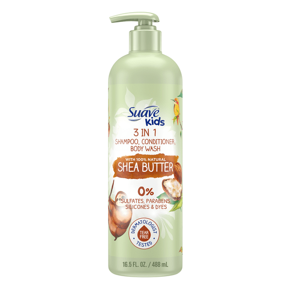 Suave Kids Naturals 3-in-1 Shampoo Conditioner & Body Wash with Shea Butter, No Tears, 16.5 oz