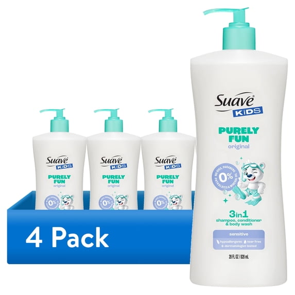 (4 pack) Suave Kids Purely Fun Original 3 in 1 Shampoo, Conditioner & Body Wash, Scented, 28 FL OZ
