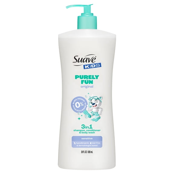 Suave Kids Purely Fun Original 3 in 1 Shampoo, Conditioner & Body Wash, Scented, 28 FL OZ