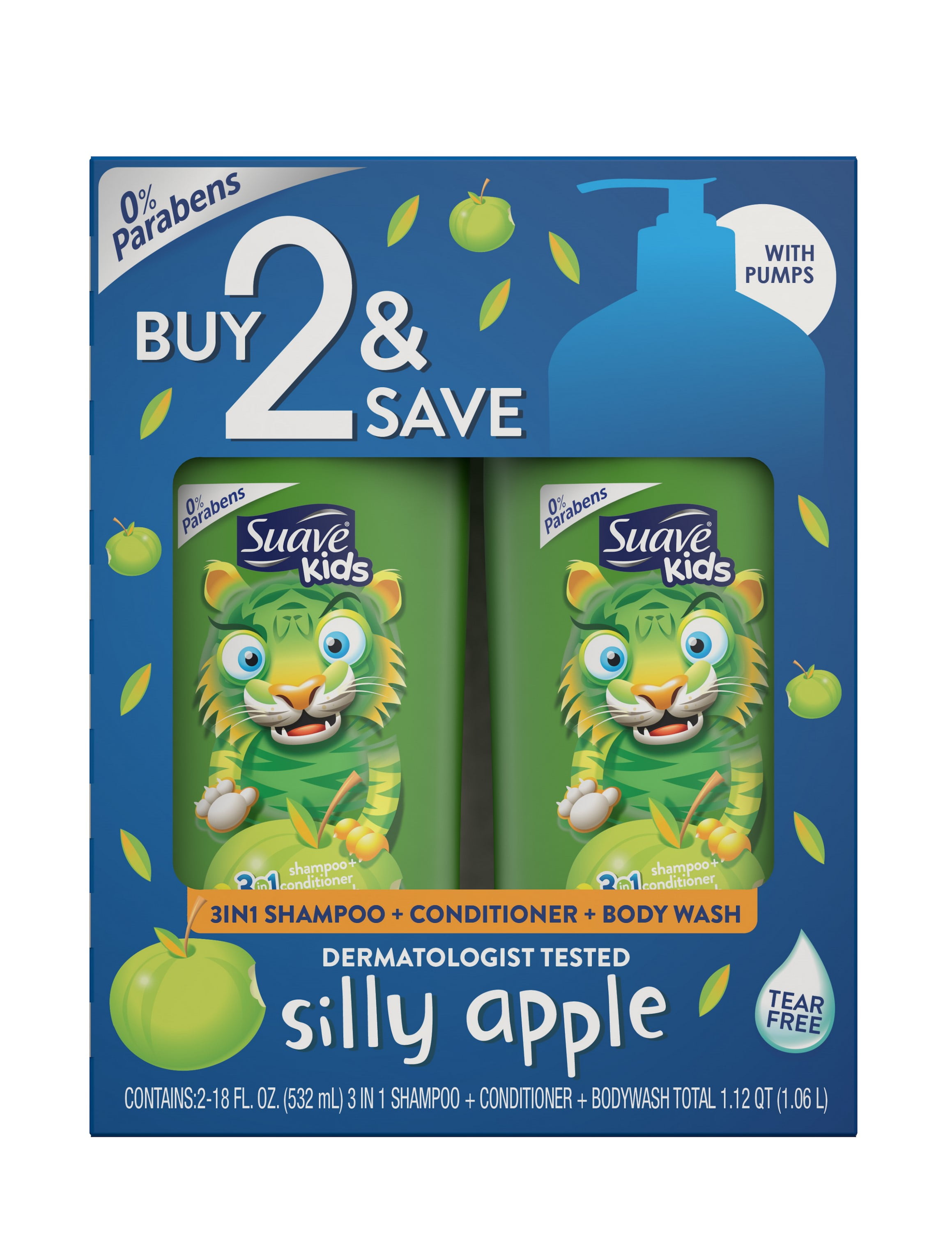 Suave Kids Silly Apple 3 in 1 Shampoo, Conditioner, Body Wash, 18 oz