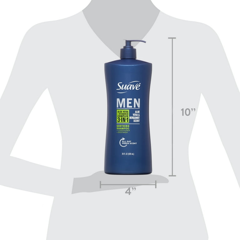 Suave Men 3-in-1 Shampoo, Conditioner & Body Wash, Soothing, Aloe Vera,  Bergamot & Vitamin B7, 28 fl oz