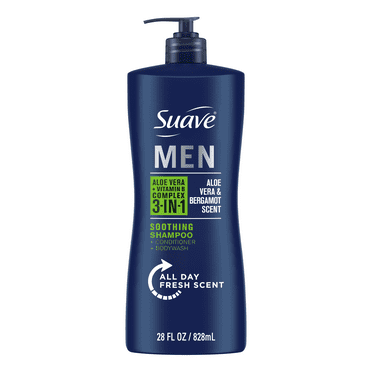 Suave Men 3-in-1 Shampoo, Conditioner & Body Wash, Soothing, Aloe Vera, Bergamot & Vitamin B7, 28 fl oz
