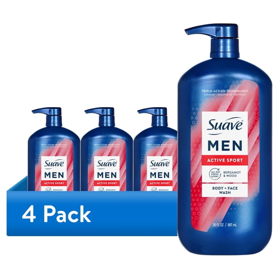 (4 pack) Suave Men Active Sport 2-in-1 Body & Face Wash with Glycerin & Vitamin E, 30 FL OZ