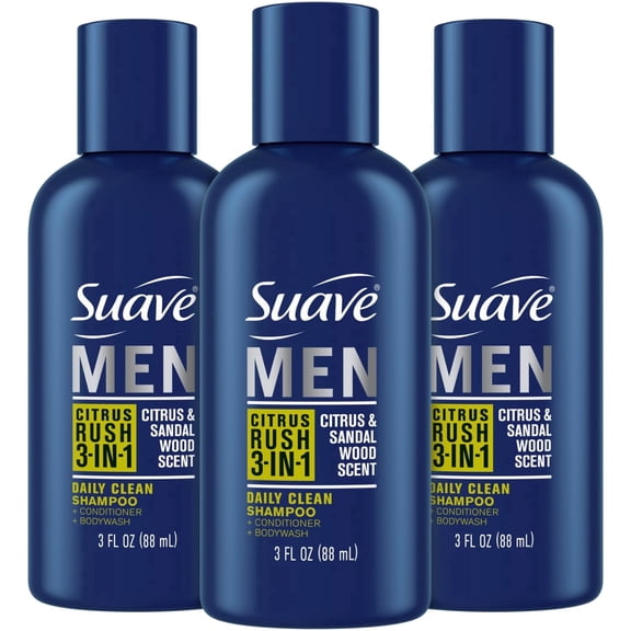 Suave Men Body Wash 3-in-1 Citrus Rush Travel-Size Shampoo, Conditioner & Body Soap All-in-One Formula with Keratin for Healthy Hair & Skin, 3 Oz Ea (Pack of 3)