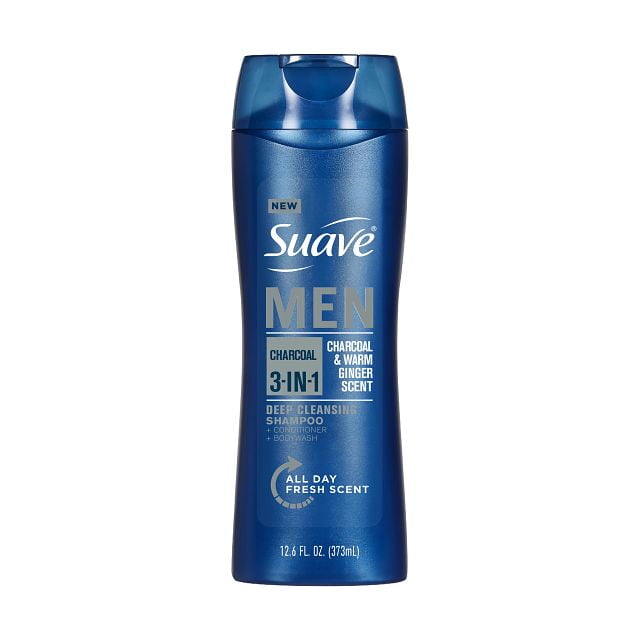 Suave Men Charcoal 3-in-1 Shampoo Conditioner & Body Wash, Charcoal & Ginger, 12.6 oz