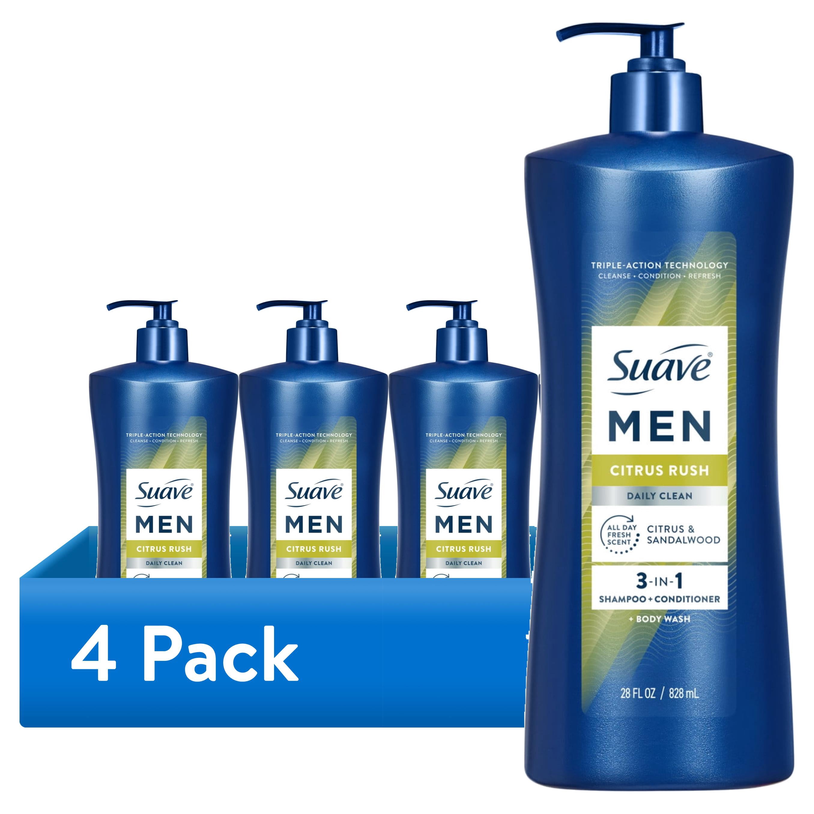 (4 pack) Suave Men Citrus Rush 3-in-1 Shampoo, Conditioner & Body Wash with Glycerin & Keratin, 28 OZ