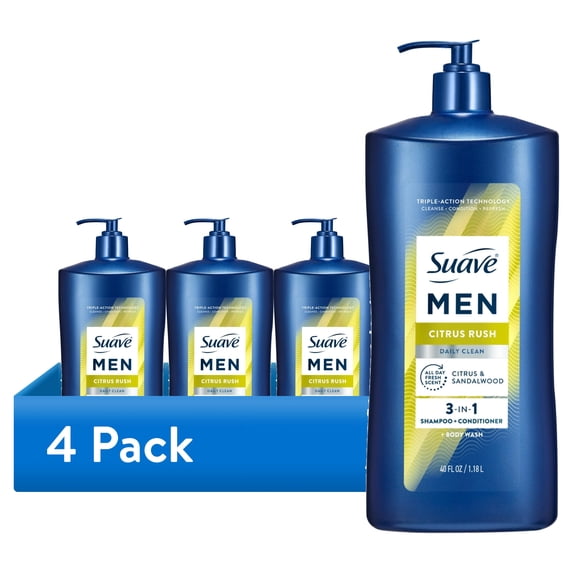 (4 pack) Suave Men Citrus Rush 3-in-1 Shampoo, Conditioner & Body Wash with Glycerin & Keratin, 40 OZ