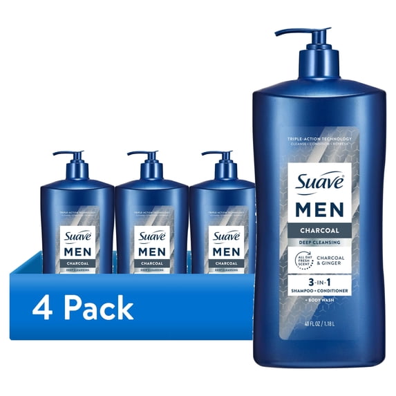 (4 pack) Suave Men Deep Cleansing 3-in-1 Shampoo, Conditioner & Body Wash with Charcoal, 40 FL OZ