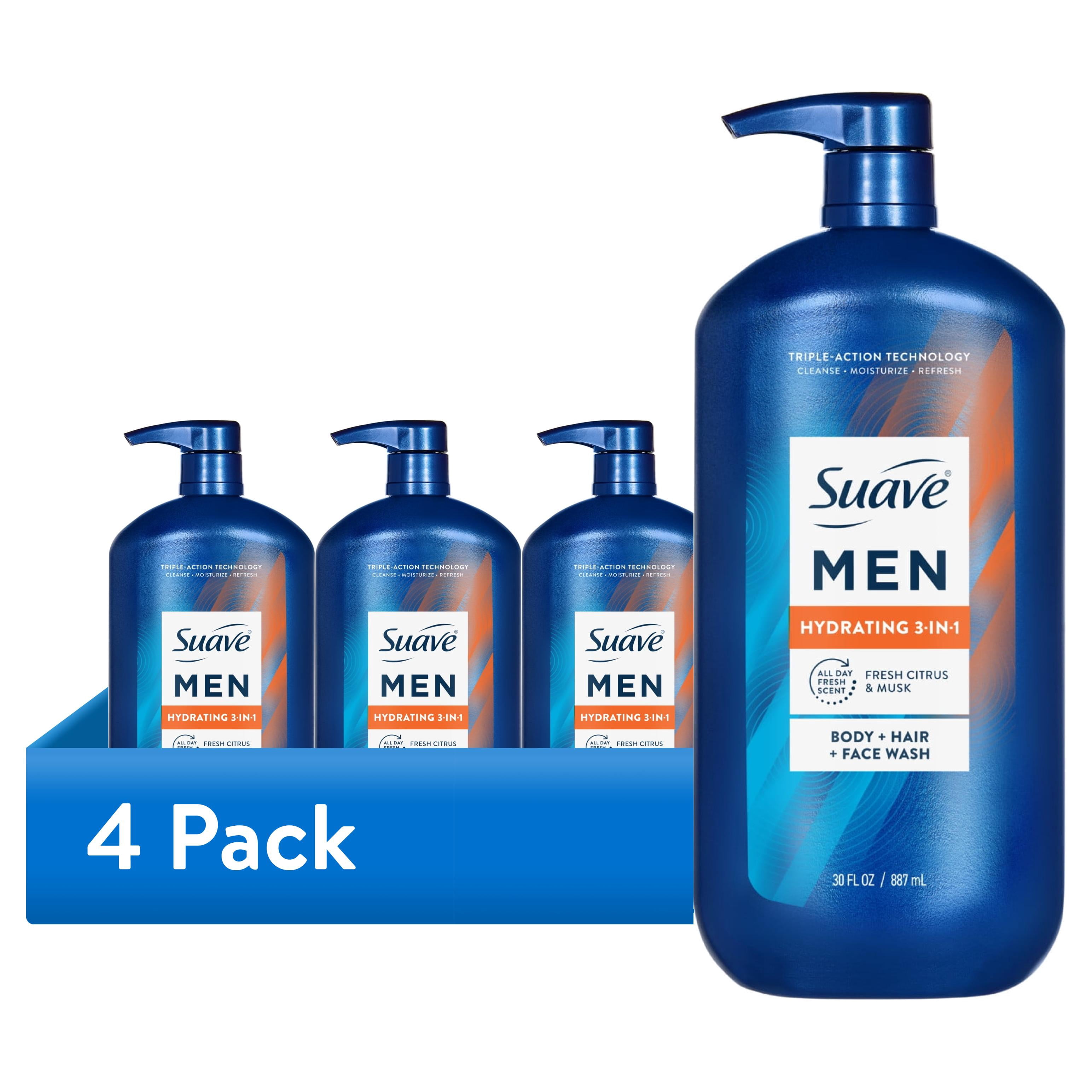 (4 pack) Suave Men Hydrating 3-in-1 Body + Hair + Face Wash with Glycerin & Vitamin E, 30 FL OZ