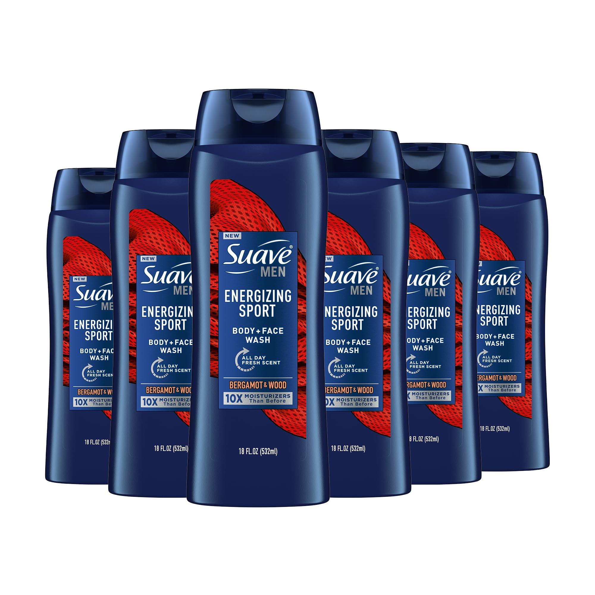 Suave Men Moisturizing Body IRF13 & Face Wash, Energizing Sport with Bergamot & Wood Scent, No Parabens, No Phtahaltes, 18 Oz Pack of 6