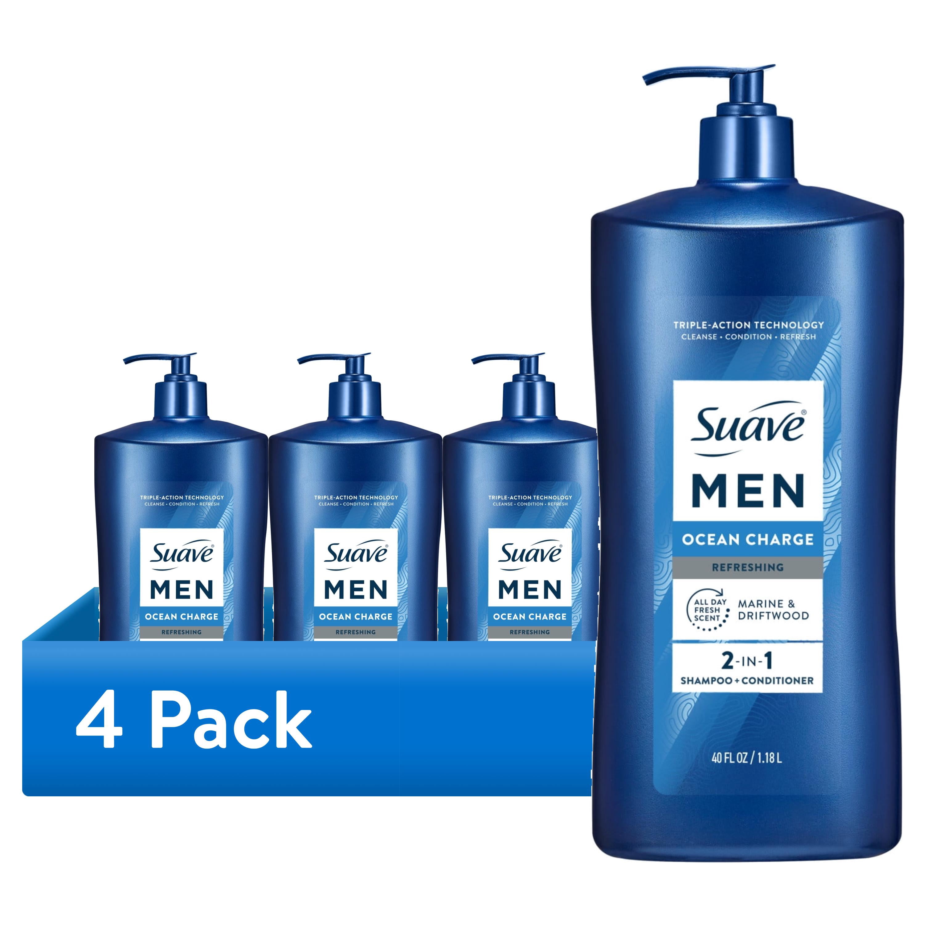 (4 pack) Suave Men Ocean Charge 2-in-1 Refreshing Shampoo & Conditioner with Pro Vitamin B5, 40 FL OZ Pump