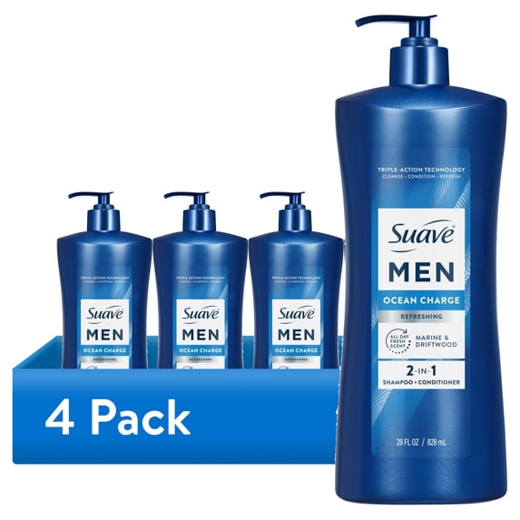 (4 pack) Suave Men Refreshing 2-in-1 Body & Face Wash with Glycerin & Vitamin E, Ocean Charge, 28 fl oz