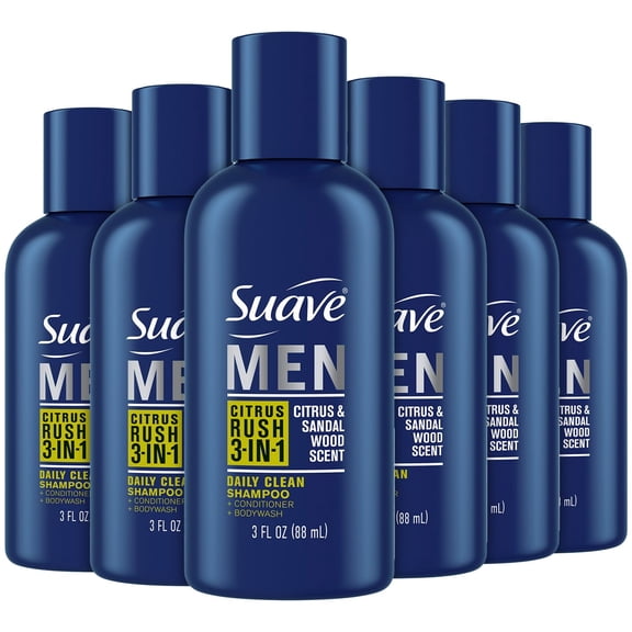 Suave Mens 3-in-1 Shampoo, Conditioner, & Body Wash, Travel-Size 6-Pack, Citrus Rush, 3 Oz Ea