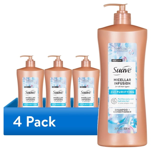 (4 pack) Suave Micellar Infusion 2-in-1 Purifying Shampoo and Conditioner, Soft Refreshed Hair, 28 fl oz
