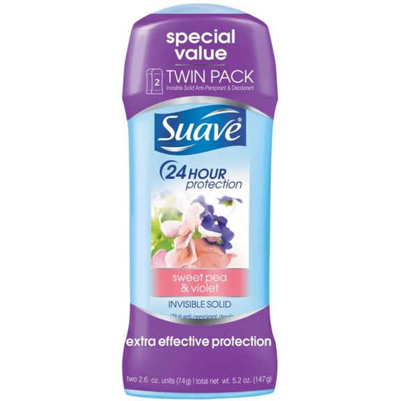 Suave Naturals Anti-Perspirant Deodorant Invisible Solid, Sweet Pea & Violet, Twin Pack 2.6 oz, 2 ea (Pack of 2)