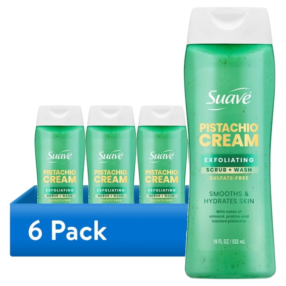 (6 pack) Suave Pistachio Cream Exfoliating Body Wash & Scrub with Glycerin & Vitamin E, Sulfate-Free Hydrating Cleanser for Soft, Smooth Skin, 18 fl oz