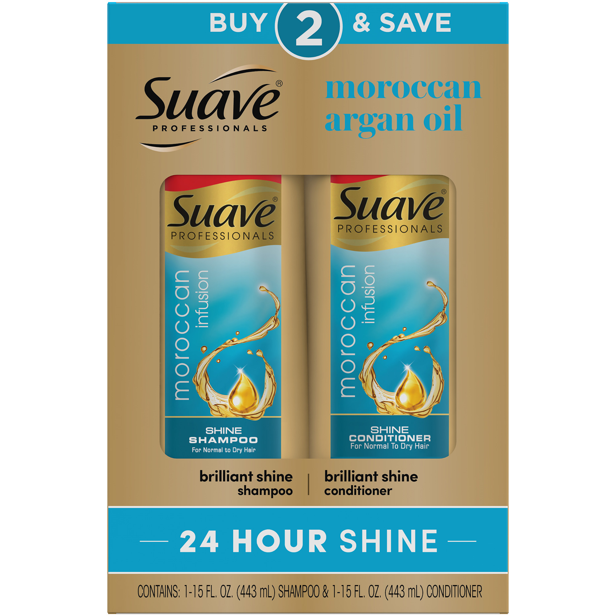 Suave Professionals Moisturizing Shine Enhancing Daily Shampoo & Conditioner with Moroccan Oil, Full Size Set, 2 Pack - image 1 of 6