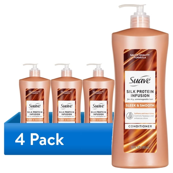 (4 pack) Suave Silk Protein Infusion Sleek & Smooth Conditioner for Dry, Unmanageable Hair, 28 FL OZ