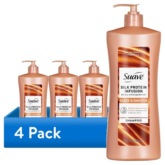 (4 pack) Suave Silk Protein Infusion Sleek & Smooth Shampoo for Dry, Unmanageable Hair, 28 fl oz