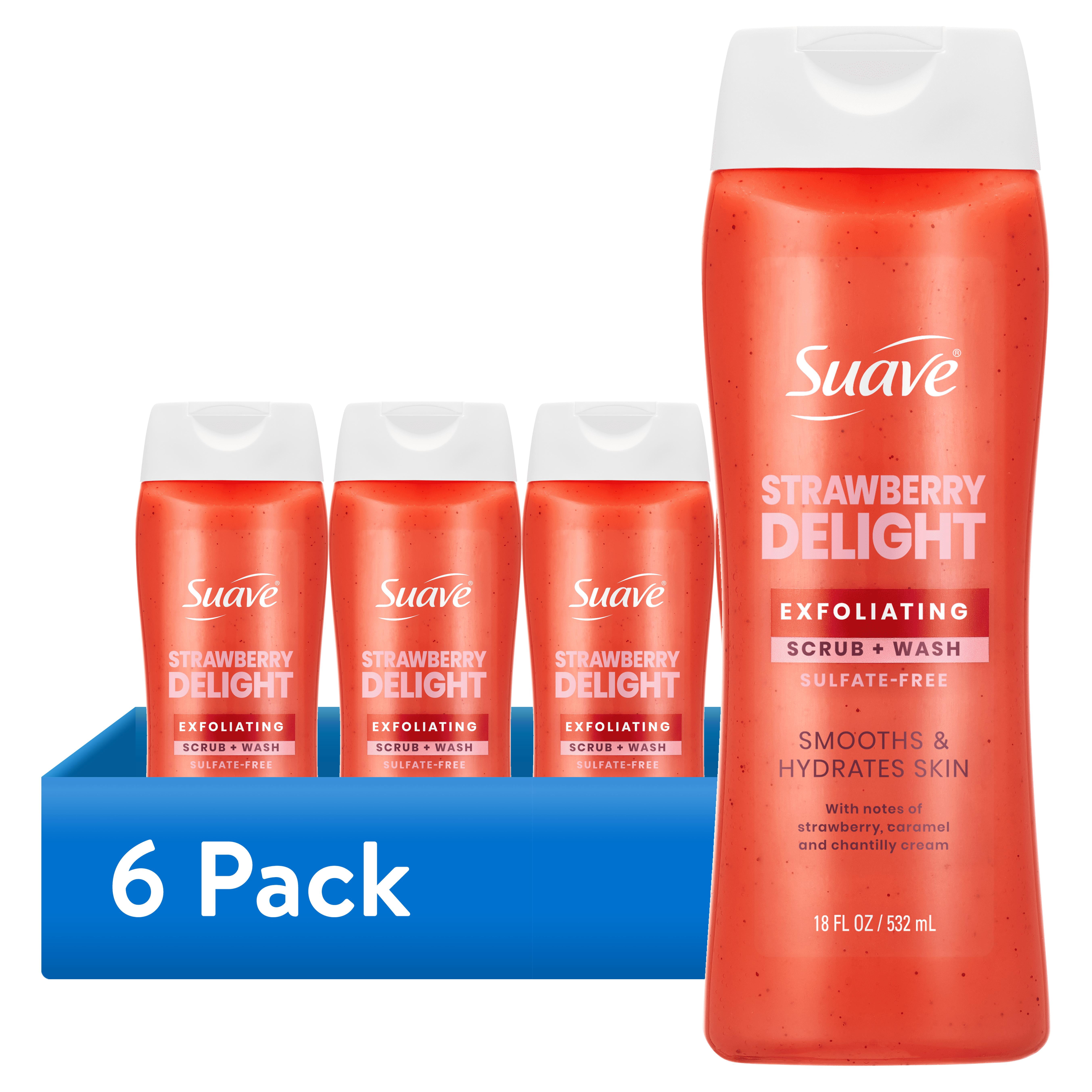 (6 pack) Suave Strawberry Delight Exfoliating Body Wash & Scrub with Glycerin & Vitamin E, Sulfate-Free Hydrating Cleanser for Soft, Smooth Skin, 18 fl oz