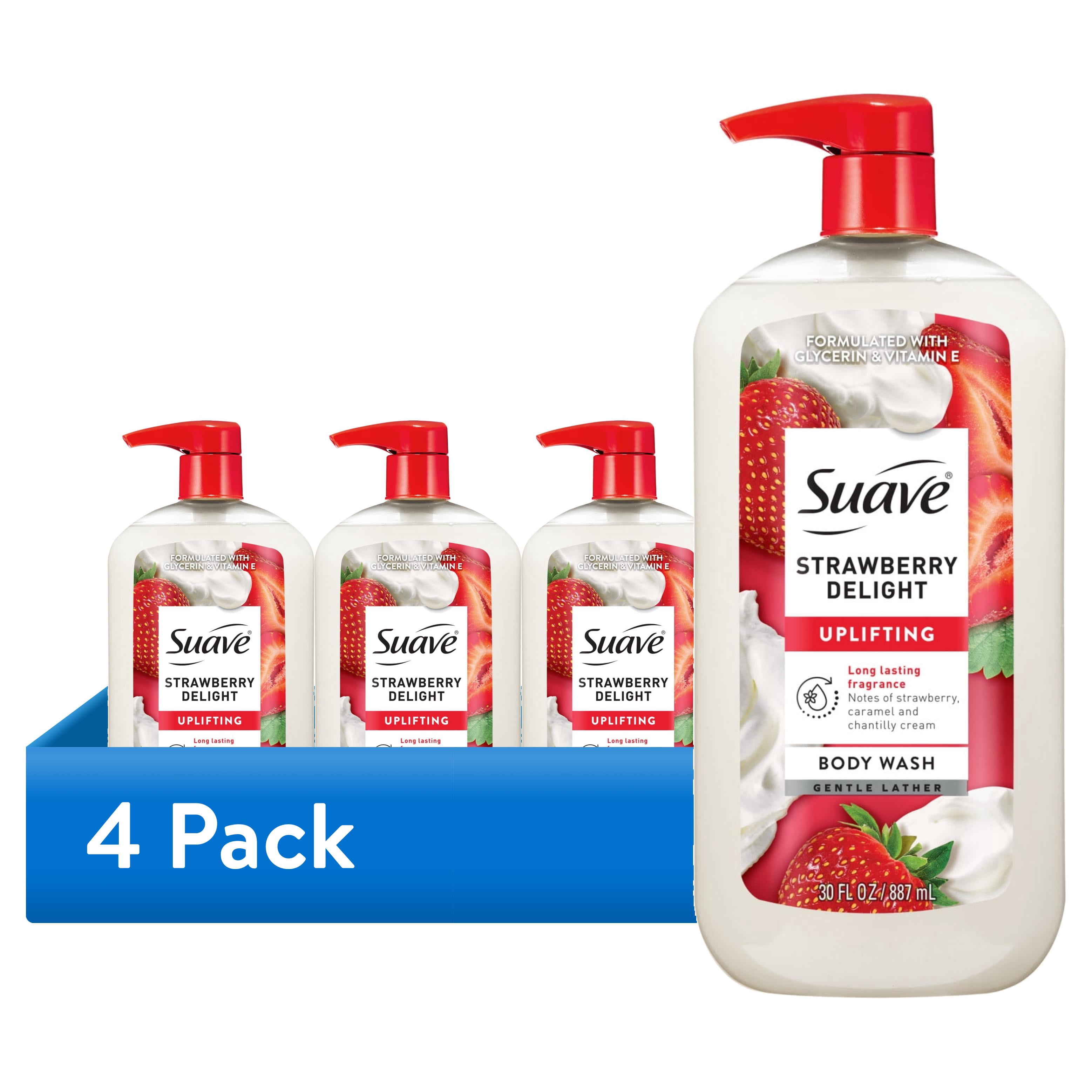 (4 pack) Suave Strawberry Delight Uplifting Body Wash, with Glycerin & Vitamin E, 30 fl oz Pump