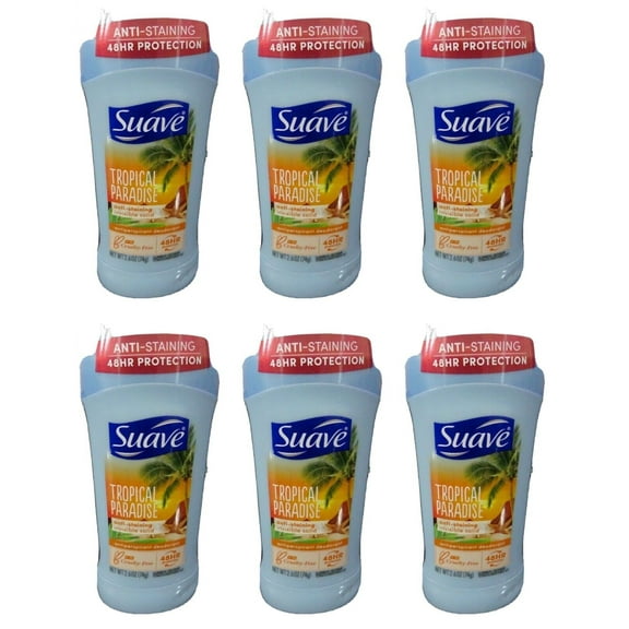 Suave Tropical Paradise Invisible Solid Deodorant 48 HR Anti Staining 2.6 oz 6 Pack