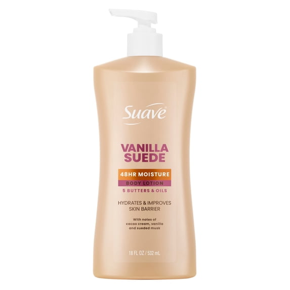 Suave Vanilla Suede Body Lotion with Shea Butter & Argan Oil, 48-Hour Moisture, Hydrates & Improves Skin Barrier, Non-Greasy, 18 Fl Oz