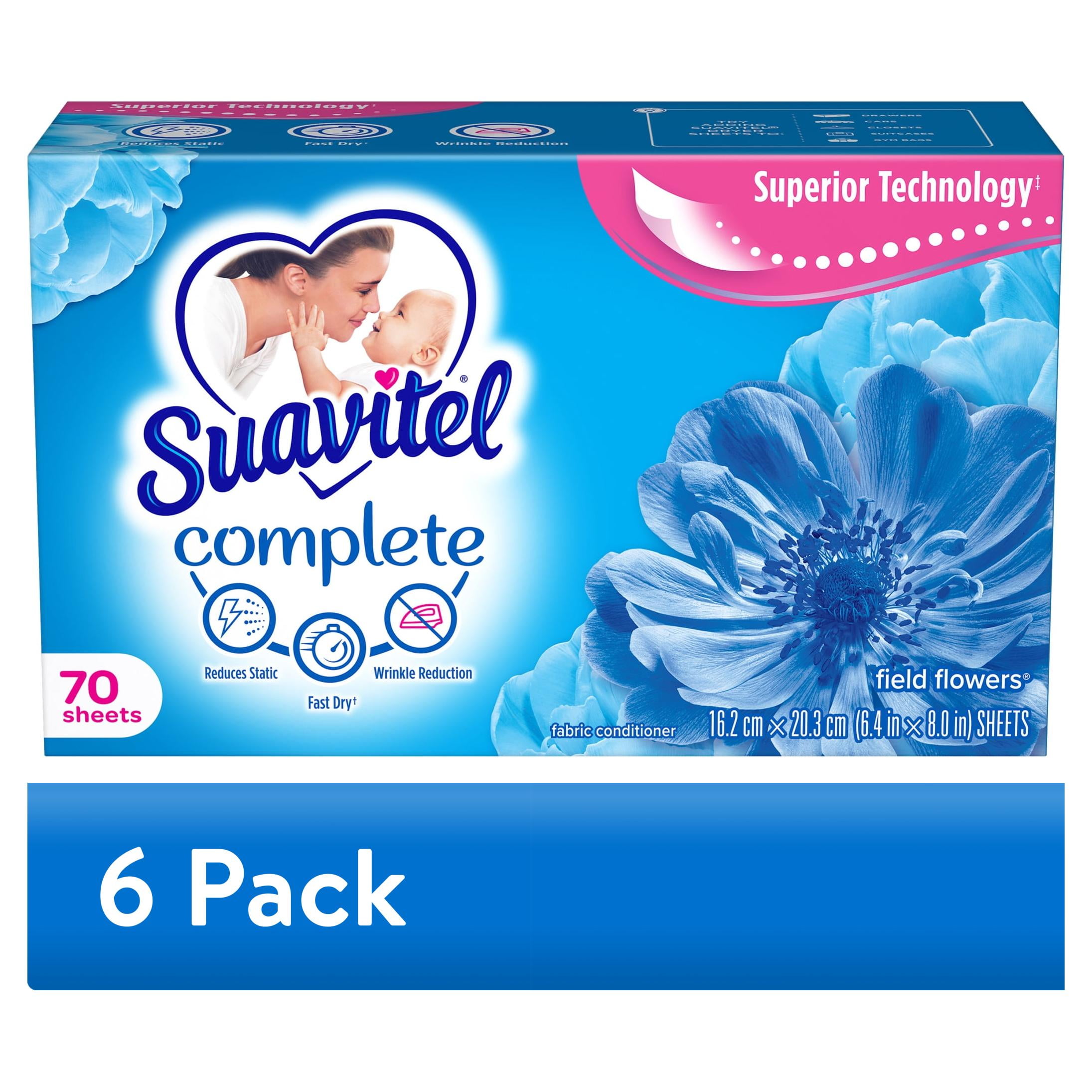 (6 pack) Suavitel Complete Dryer Sheets, Fabric Conditioner, Field Flowers, 70 Sheets
