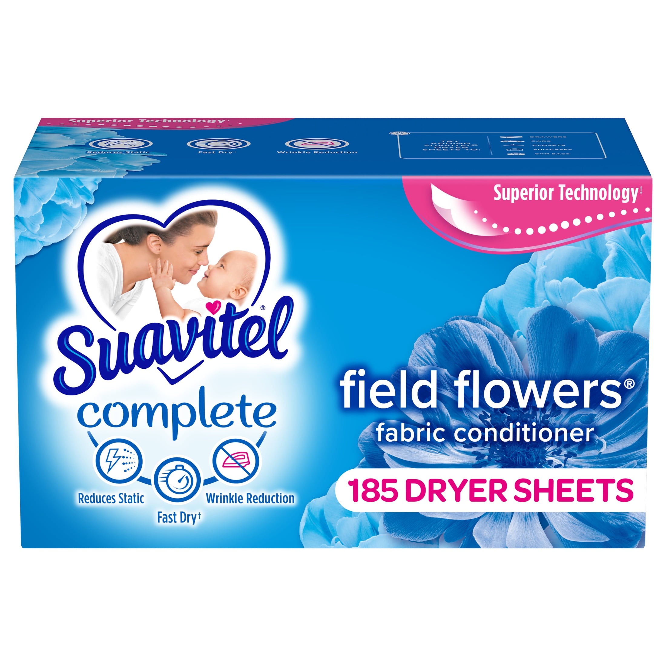 Suavitel Complete Dryer Sheets, Fabric Conditioner, Field Flowers, 185 ...